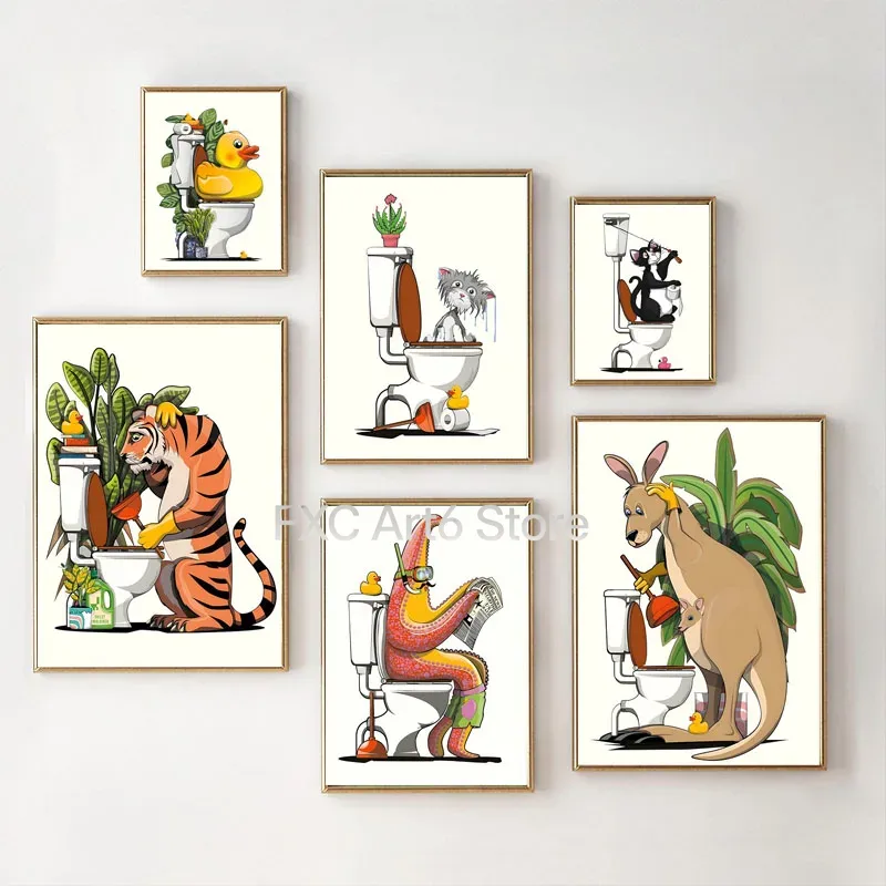 Home Bathroom Wallpaper - 1 STKS Frameloze leuke badkamer dierenmuurkunstposter,