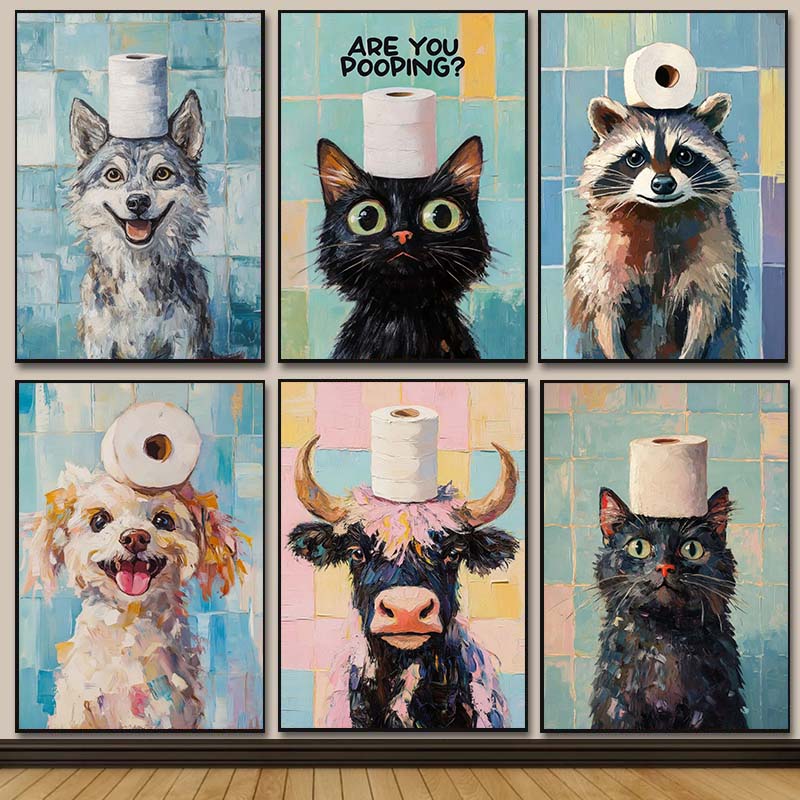 Home Bathroom Wallpaper - Schattig dieren olieverfschilderij op diamantprint toiletpapier