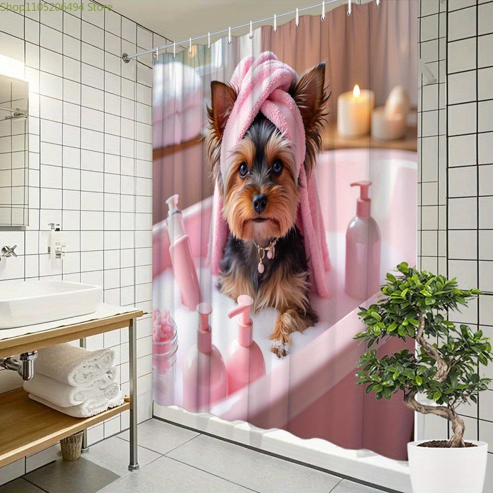 Adorable Home Bathroom Ideas - Schattige Yorkie-hond in badkuip Douchegordijn Schattig