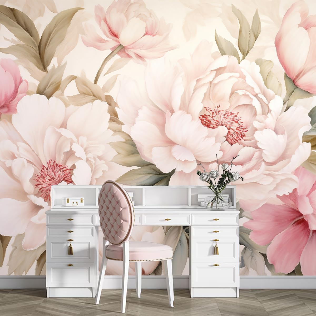 Home Bathroom Wallpaper - Elegante pioenroos bloemenmuurschildering behang make-up tafelset