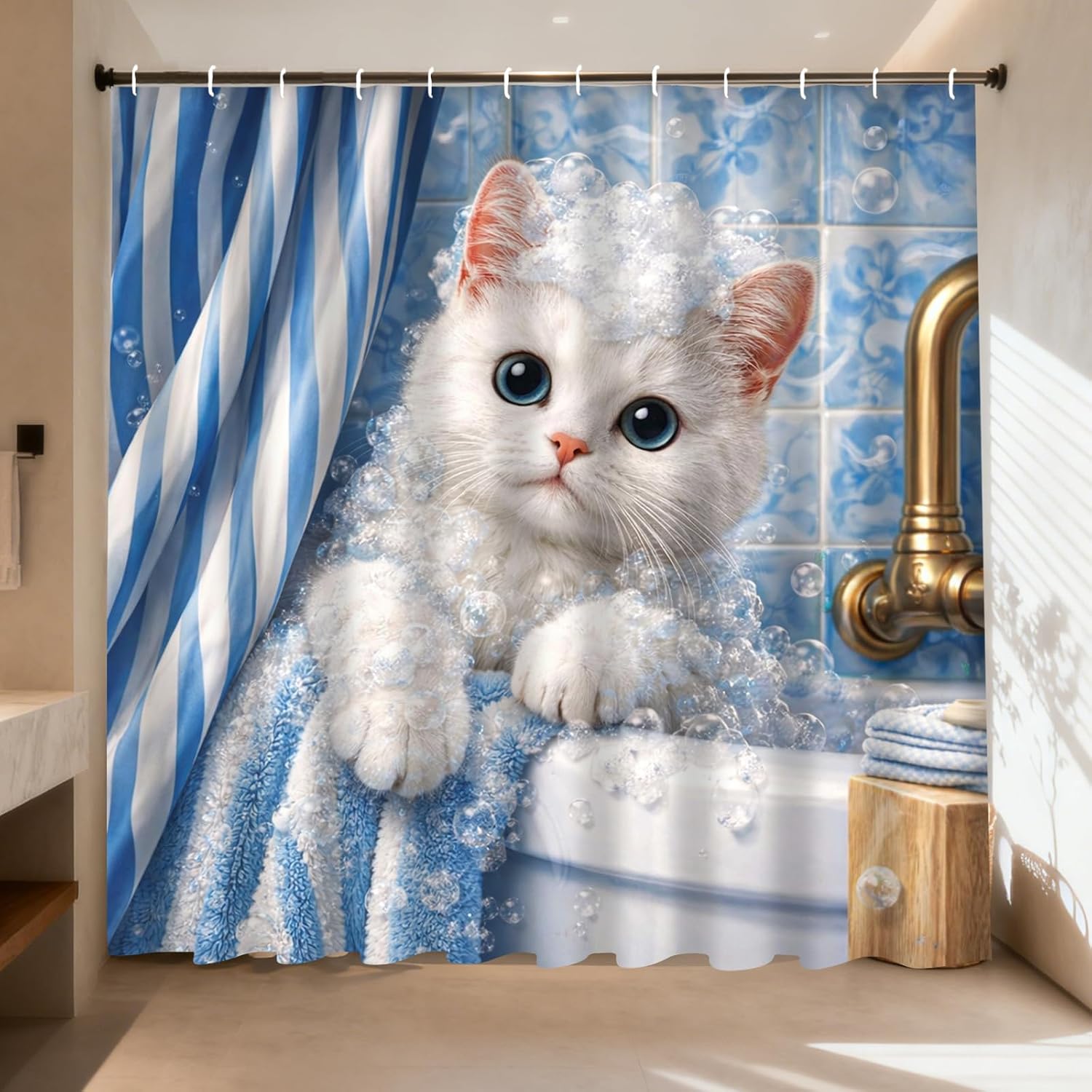 Adorable Home Bathroom Ideas - Schattig Kitten Bubble Douchegordijn Blauw Gestreept