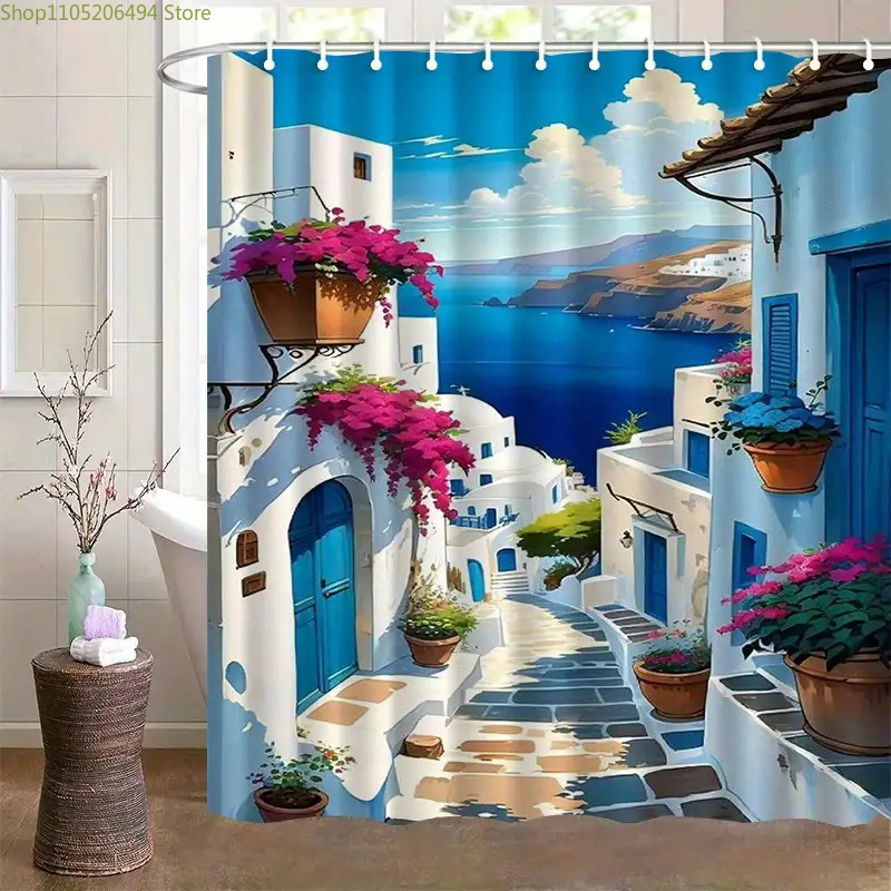 Home Bathroom Design Ideas - Santorini Grieks eiland douchegordijn blauw wit