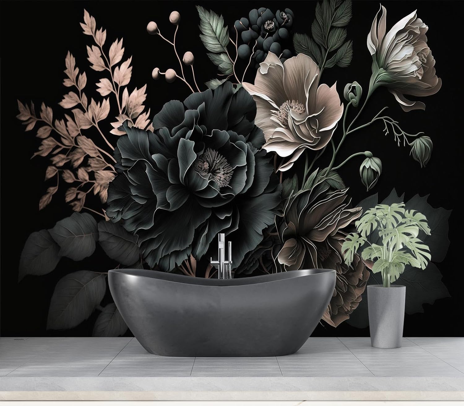 Dramatische donkere bloemen bo - Home Bathroom Wallpaper recensie en prijs