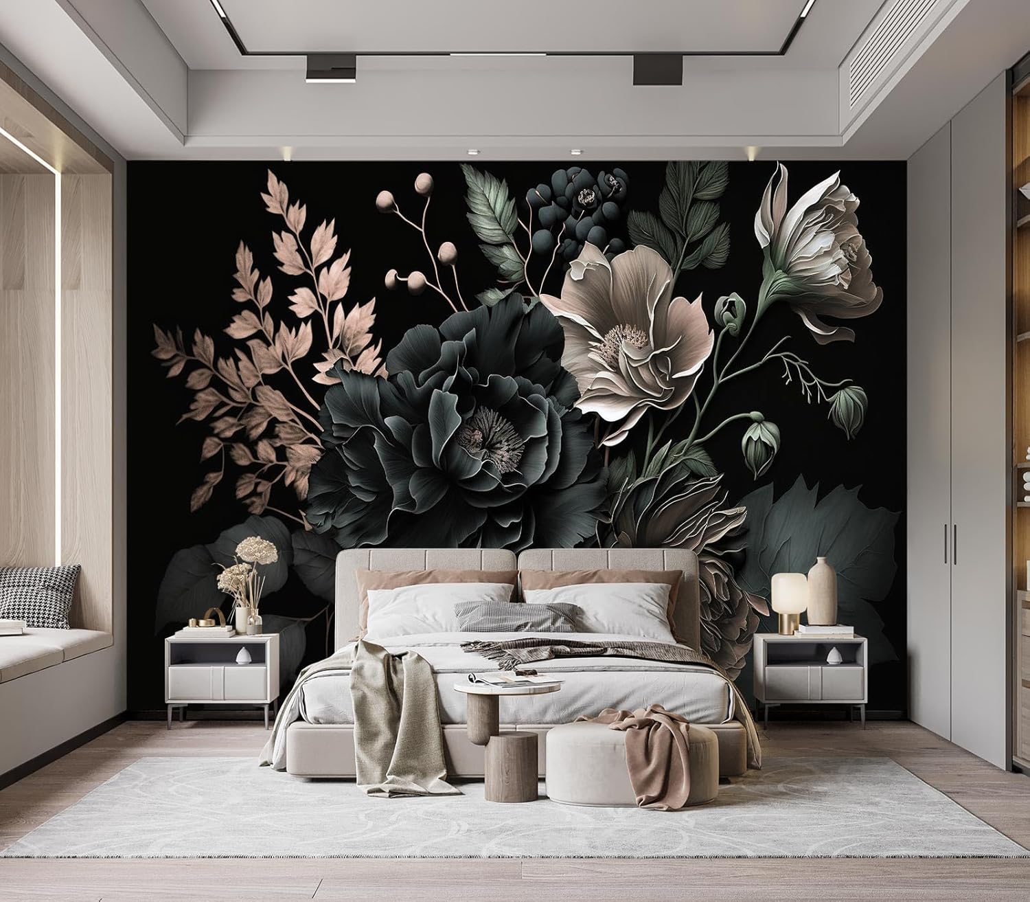 Dramatische donkere bloemen bo - Home Bathroom Wallpaper recensie en prijs